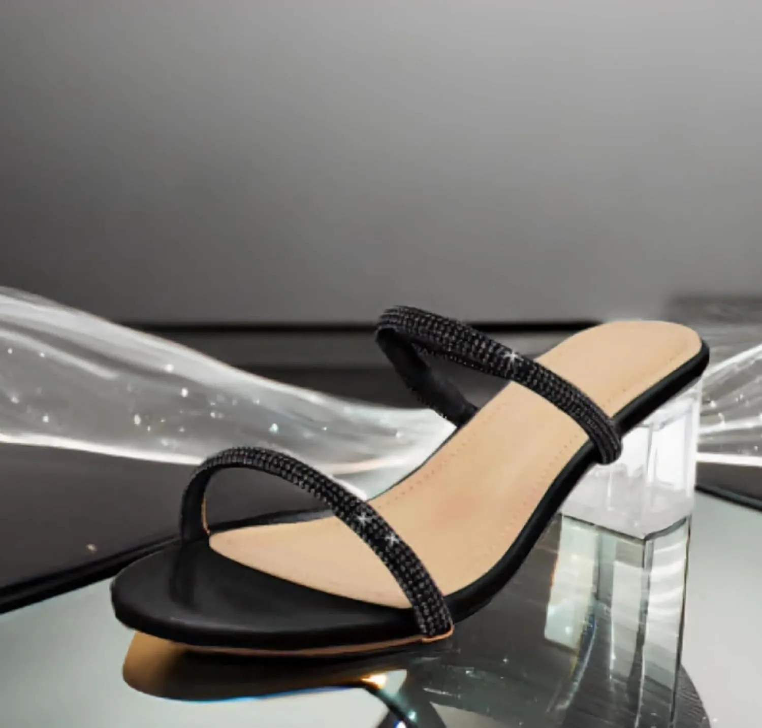 Women's Clear Block Heels Sparkly Strappy Slip On Dressy Sandals