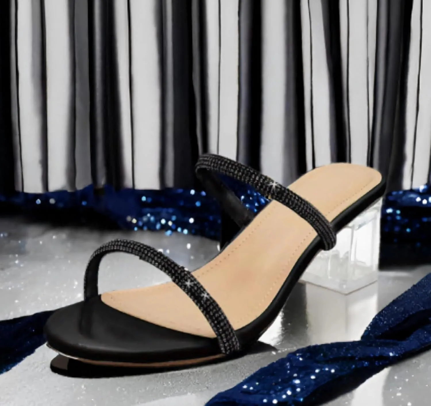 Women's Clear Block Heels Sparkly Strappy Slip On Dressy Sandals
