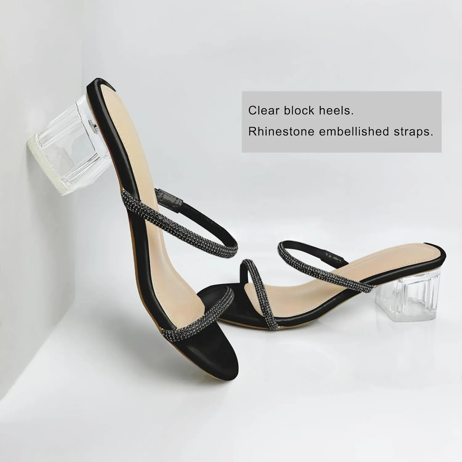 Women's Clear Block Heels Sparkly Strappy Slip On Dressy Sandals