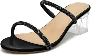 Women's Clear Block Heels Sparkly Strappy Slip On Dressy Sandals