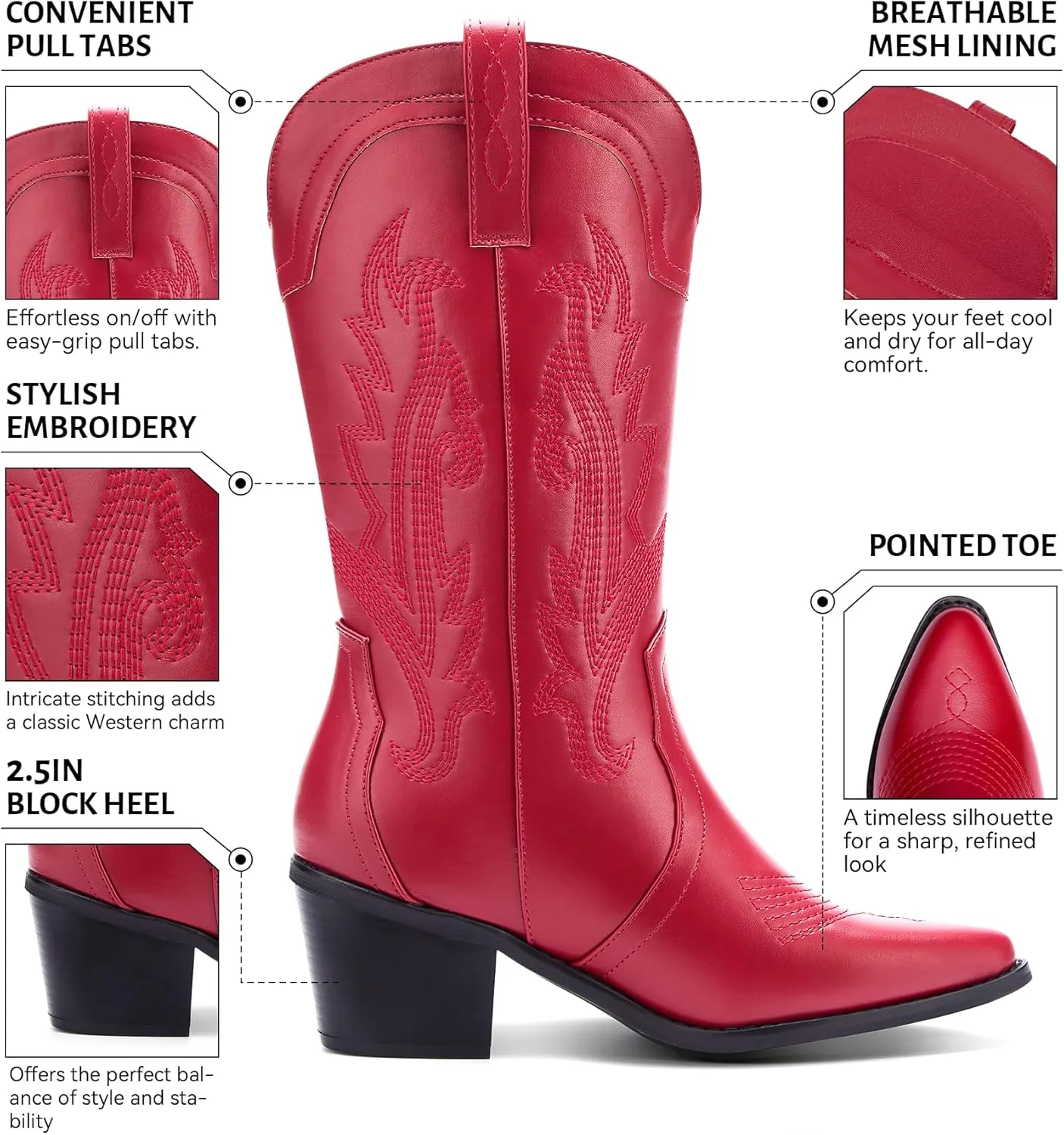 Women's Cowboy Boots Pointed Toe Western Boots Embroidered Mid-Calf Chunky Block Heel Cowgirl Boots