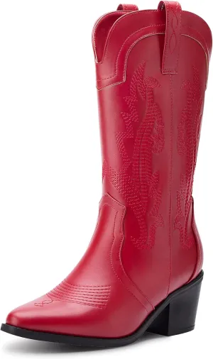Women's Cowboy Boots Pointed Toe Western Boots Embroidered Mid-Calf Chunky Block Heel Cowgirl Boots