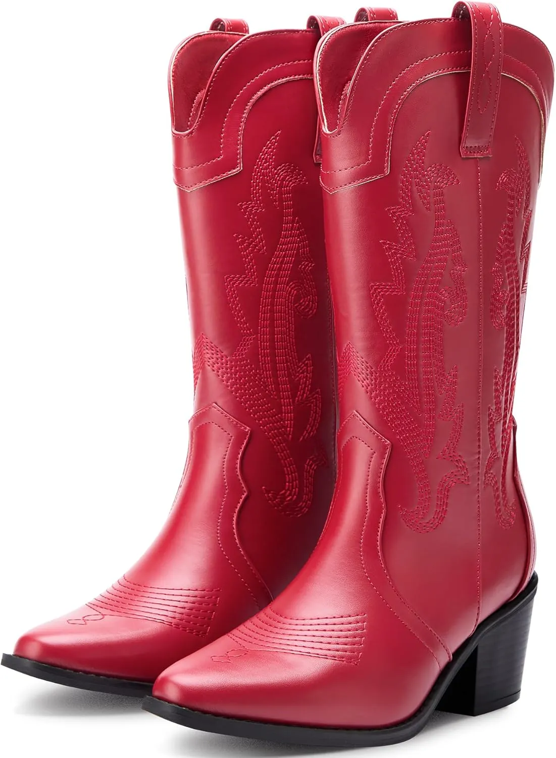 Women's Cowboy Boots Pointed Toe Western Boots Embroidered Mid-Calf Chunky Block Heel Cowgirl Boots