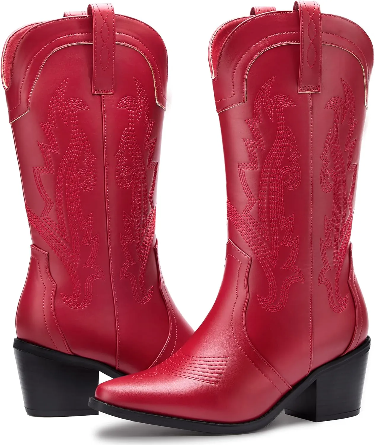 Women's Cowboy Boots Pointed Toe Western Boots Embroidered Mid-Calf Chunky Block Heel Cowgirl Boots