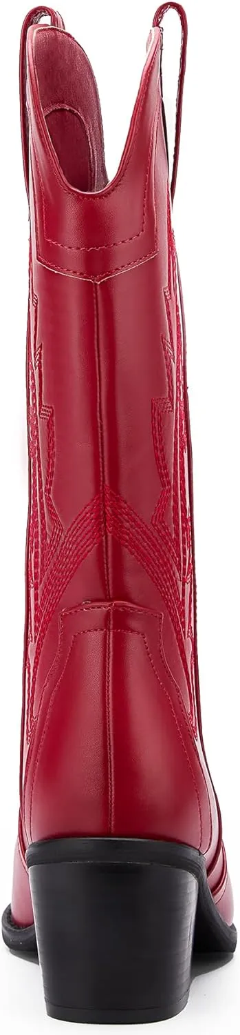 Women's Cowboy Boots Pointed Toe Western Boots Embroidered Mid-Calf Chunky Block Heel Cowgirl Boots