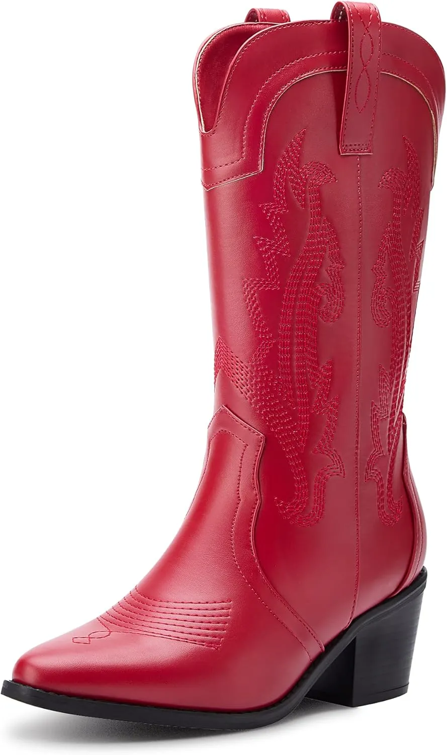 Women's Cowboy Boots Pointed Toe Western Boots Embroidered Mid-Calf Chunky Block Heel Cowgirl Boots