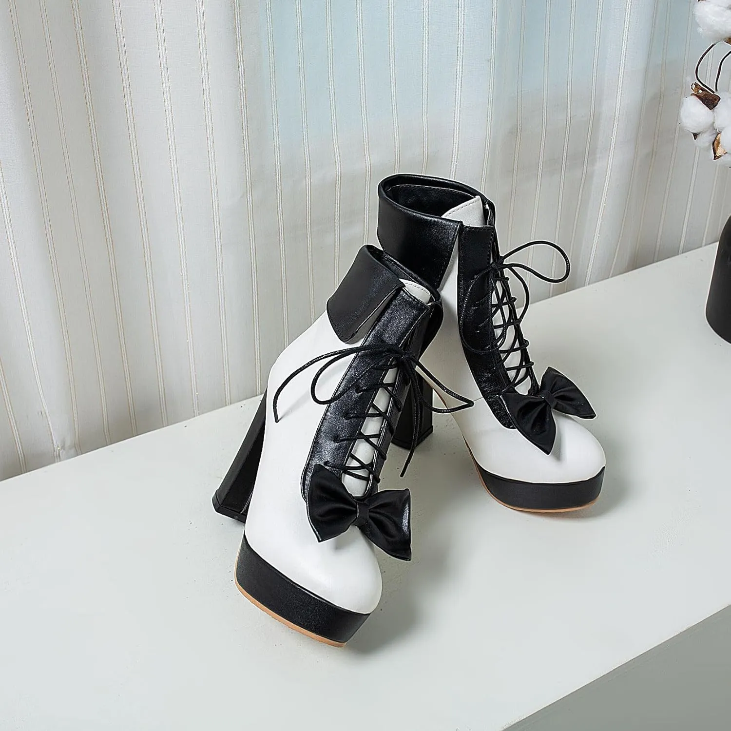 Women's Cute Lace up High Heel Boots, Kawaii Cosplay Chunky Block Platform Kawaii Boots, Dress Winter Ankle Lolita Booties Shoes
