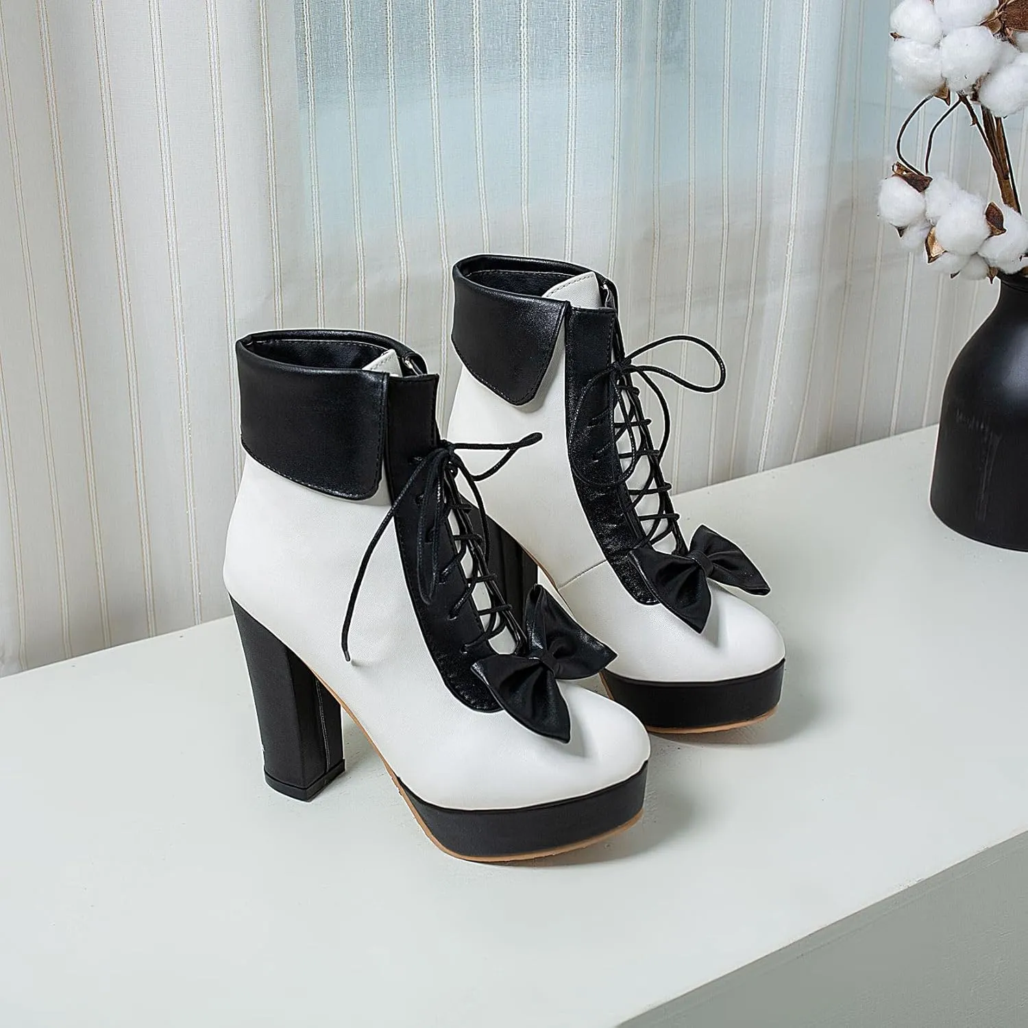 Women's Cute Lace up High Heel Boots, Kawaii Cosplay Chunky Block Platform Kawaii Boots, Dress Winter Ankle Lolita Booties Shoes