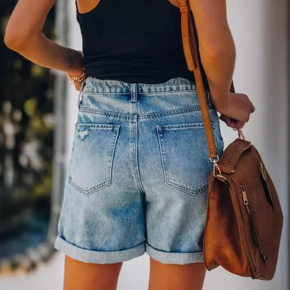 Women's Denim Shorts Fashionable Street Style Rolled Edge Ripped Hole Casual Straight Leg Shorts