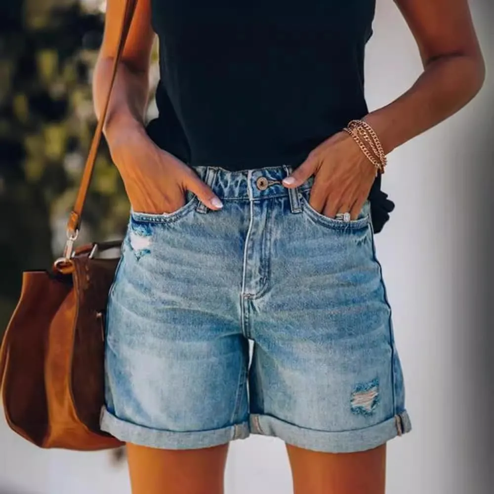 Women's Denim Shorts Fashionable Street Style Rolled Edge Ripped Hole Casual Straight Leg Shorts
