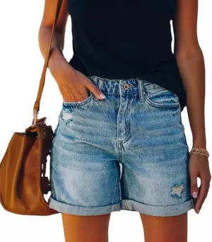 Women's Denim Shorts Fashionable Street Style Rolled Edge Ripped Hole Casual Straight Leg Shorts