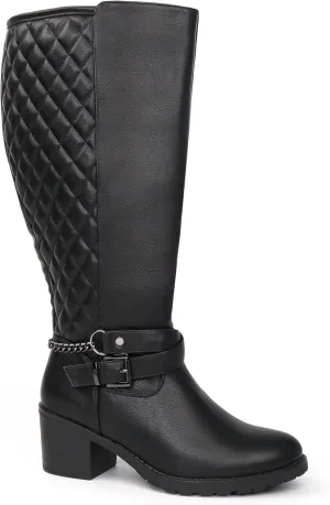 Women's Extra Wide Calf Block Heel Chic Chain Buckle Motorcycle Knee High Boots