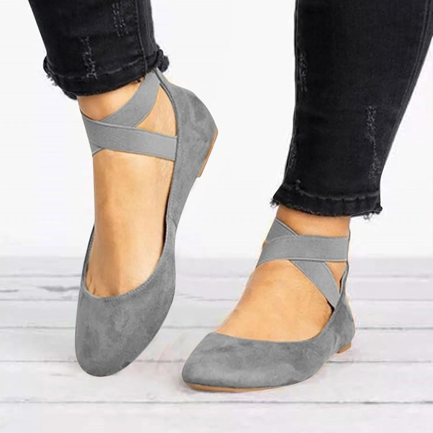 Women's Fashion Elastic Ankle Straps Flats Shoes,Dressy Crisscross Strap Ballerina Flats,Closed Point Toe Slip On Flat Shoes