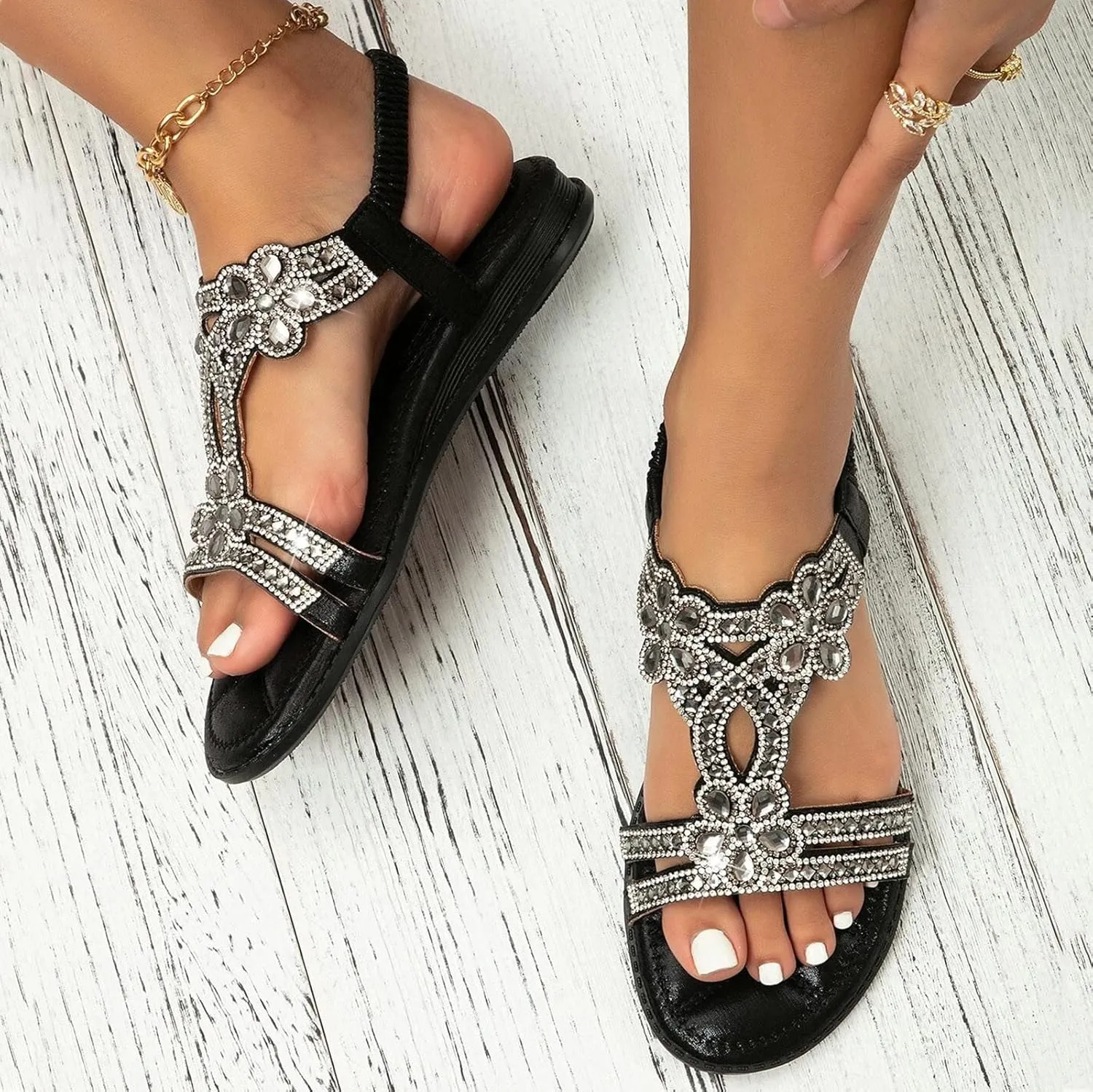 Women's Flat Sandals Boho Summer Rhinestone Beach Sandals，Womens Sandals Flip Flops Slipper Ankle Elastic T-Strap Flower Crystal Bohemia Shoes