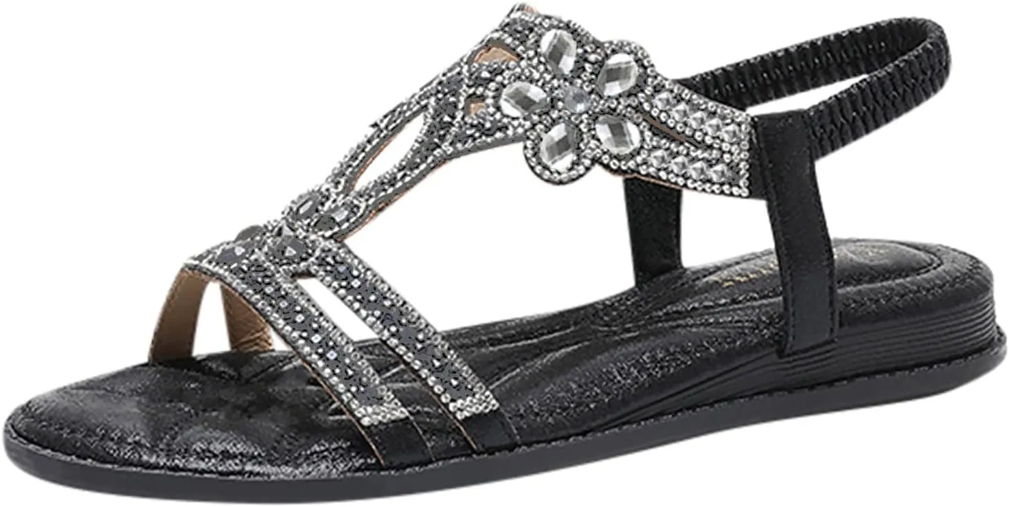 Women's Flat Sandals Boho Summer Rhinestone Beach Sandals，Womens Sandals Flip Flops Slipper Ankle Elastic T-Strap Flower Crystal Bohemia Shoes