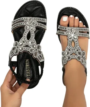 Women's Flat Sandals Boho Summer Rhinestone Beach Sandals，Womens Sandals Flip Flops Slipper Ankle Elastic T-Strap Flower Crystal Bohemia Shoes