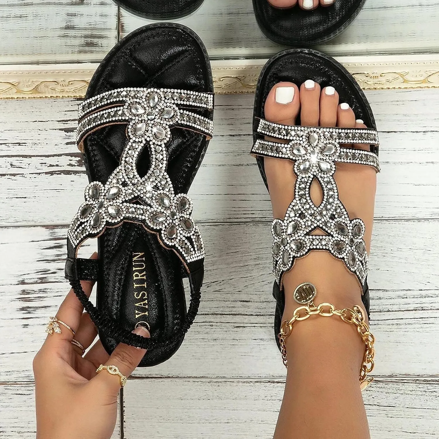 Women's Flat Sandals Boho Summer Rhinestone Beach Sandals，Womens Sandals Flip Flops Slipper Ankle Elastic T-Strap Flower Crystal Bohemia Shoes