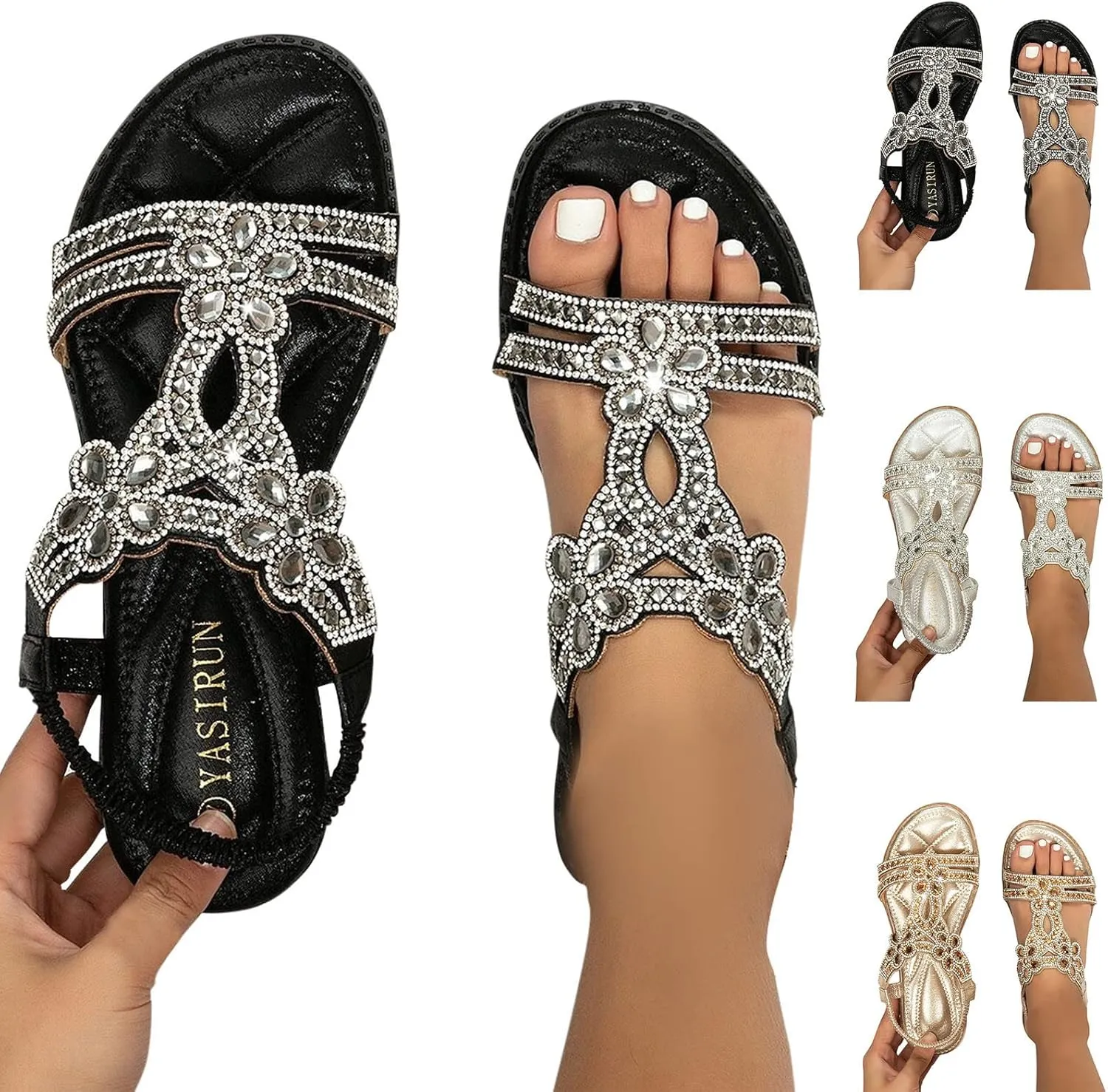 Women's Flat Sandals Boho Summer Rhinestone Beach Sandals，Womens Sandals Flip Flops Slipper Ankle Elastic T-Strap Flower Crystal Bohemia Shoes