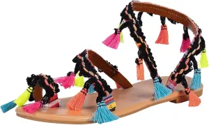 Women's Flat Sandals Braided Tassel Roman Sandals Ring Toe Ankle Strap Vintage Boho Sandals Non Slip on Ladies Elegent Summer Beach Shoes