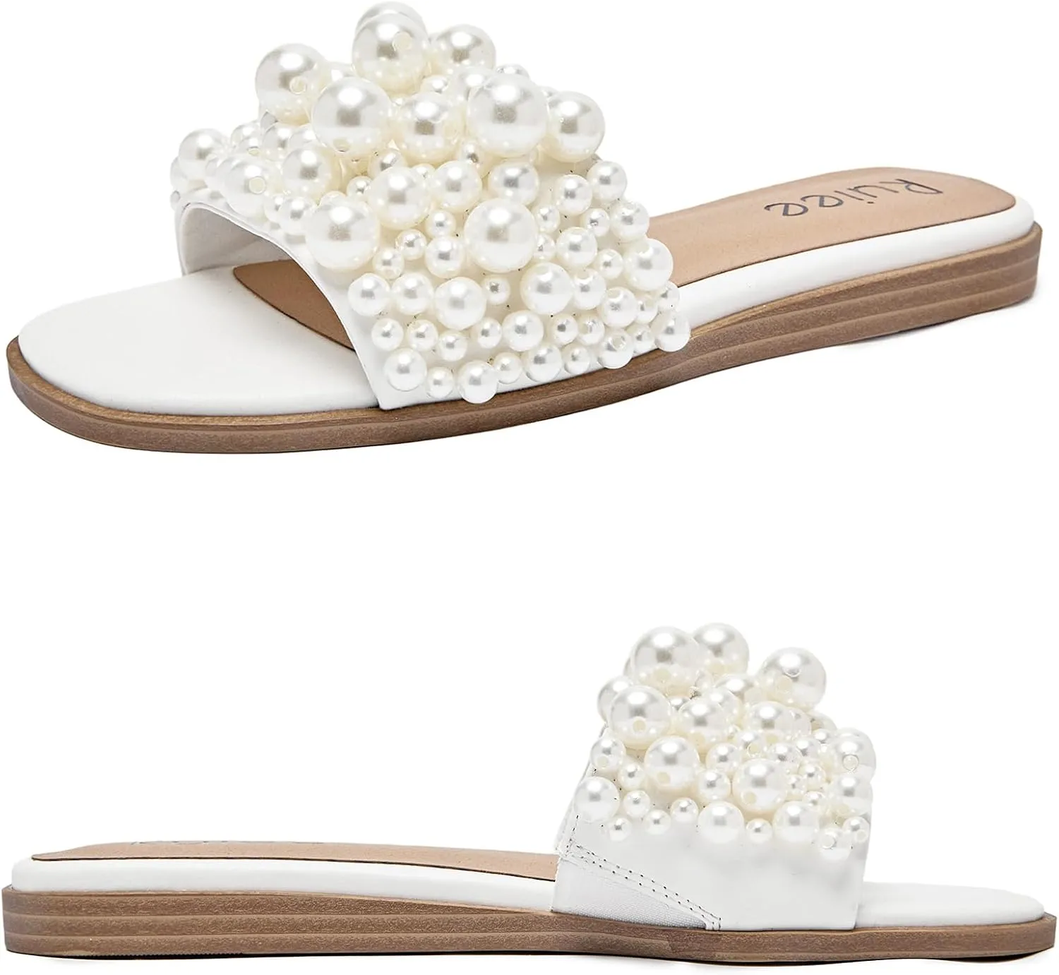 Women's Flat Slides Sandals, Pearl Decor Sparkly Bling Dressy Slides Comfortable Casual Bride Wedding Summer Slip on Sandals for Women.