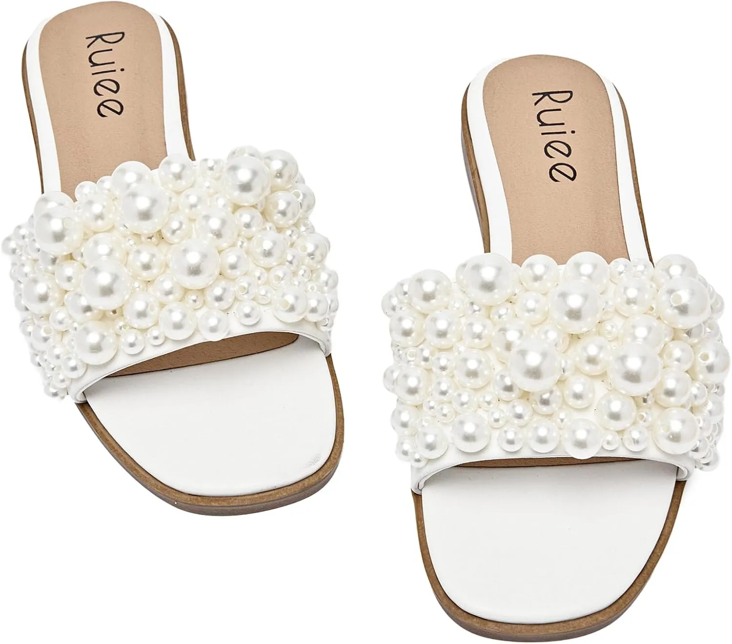 Women's Flat Slides Sandals, Pearl Decor Sparkly Bling Dressy Slides Comfortable Casual Bride Wedding Summer Slip on Sandals for Women.