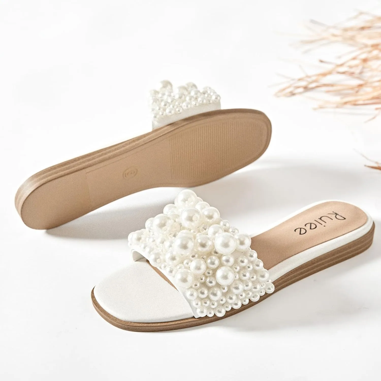 Women's Flat Slides Sandals, Pearl Decor Sparkly Bling Dressy Slides Comfortable Casual Bride Wedding Summer Slip on Sandals for Women.