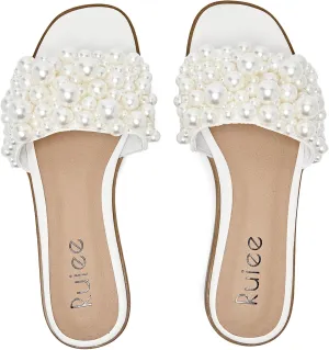 Women's Flat Slides Sandals, Pearl Decor Sparkly Bling Dressy Slides Comfortable Casual Bride Wedding Summer Slip on Sandals for Women.