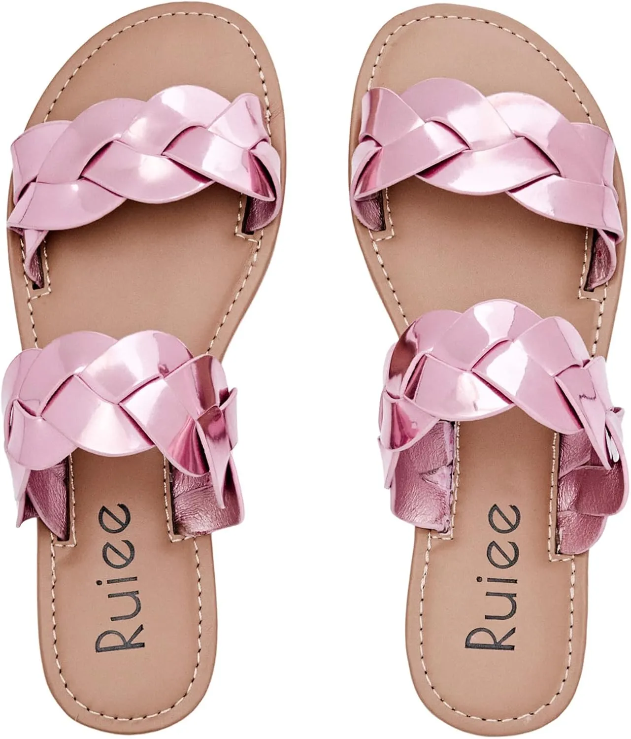 Women's Flat Slides Sandals, Summer Slippers Comfortable Braided Strap Round Open Toe Casual Beach Shoes for Women.