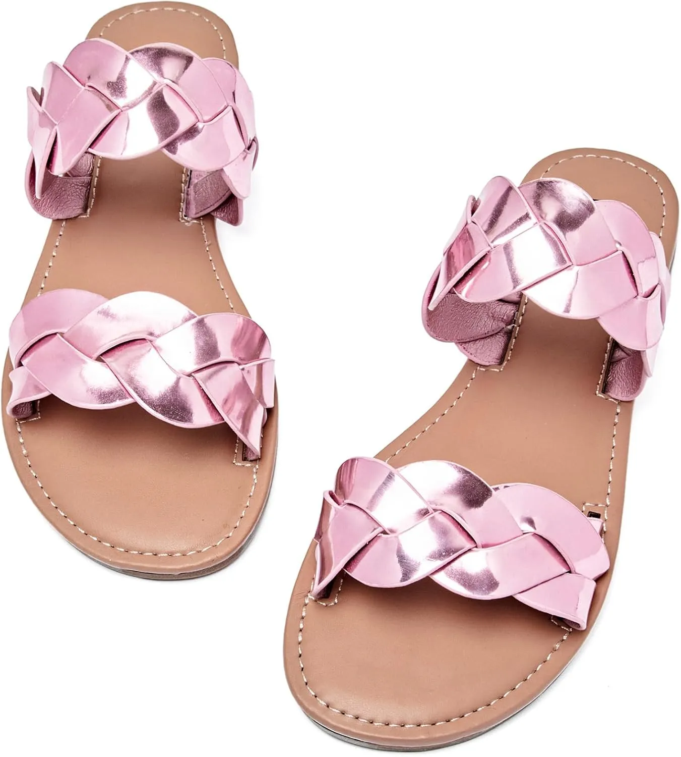 Women's Flat Slides Sandals, Summer Slippers Comfortable Braided Strap Round Open Toe Casual Beach Shoes for Women.
