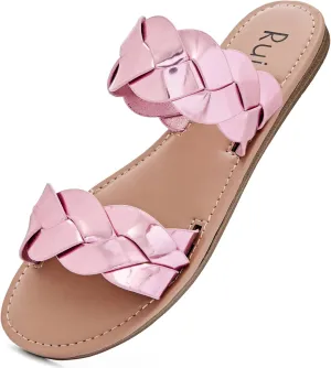 Women's Flat Slides Sandals, Summer Slippers Comfortable Braided Strap Round Open Toe Casual Beach Shoes for Women.