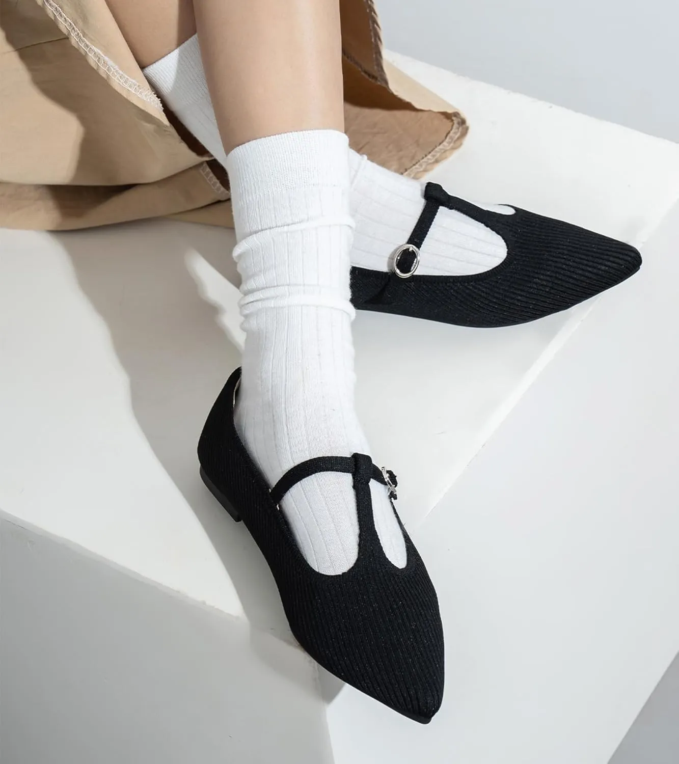 Women's Flats Shoes Comfortable Slip On Shoes Classic Dressy Pointed Toe Bow Knit Ballet Flat