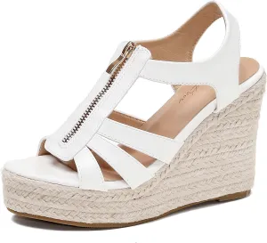 Womens Front Zipper Espadrille Wedge Sandals Dressy, High Heel Platform Sandals Open Toe Slingback, Comfy Sexy Summer Wedges Sandals