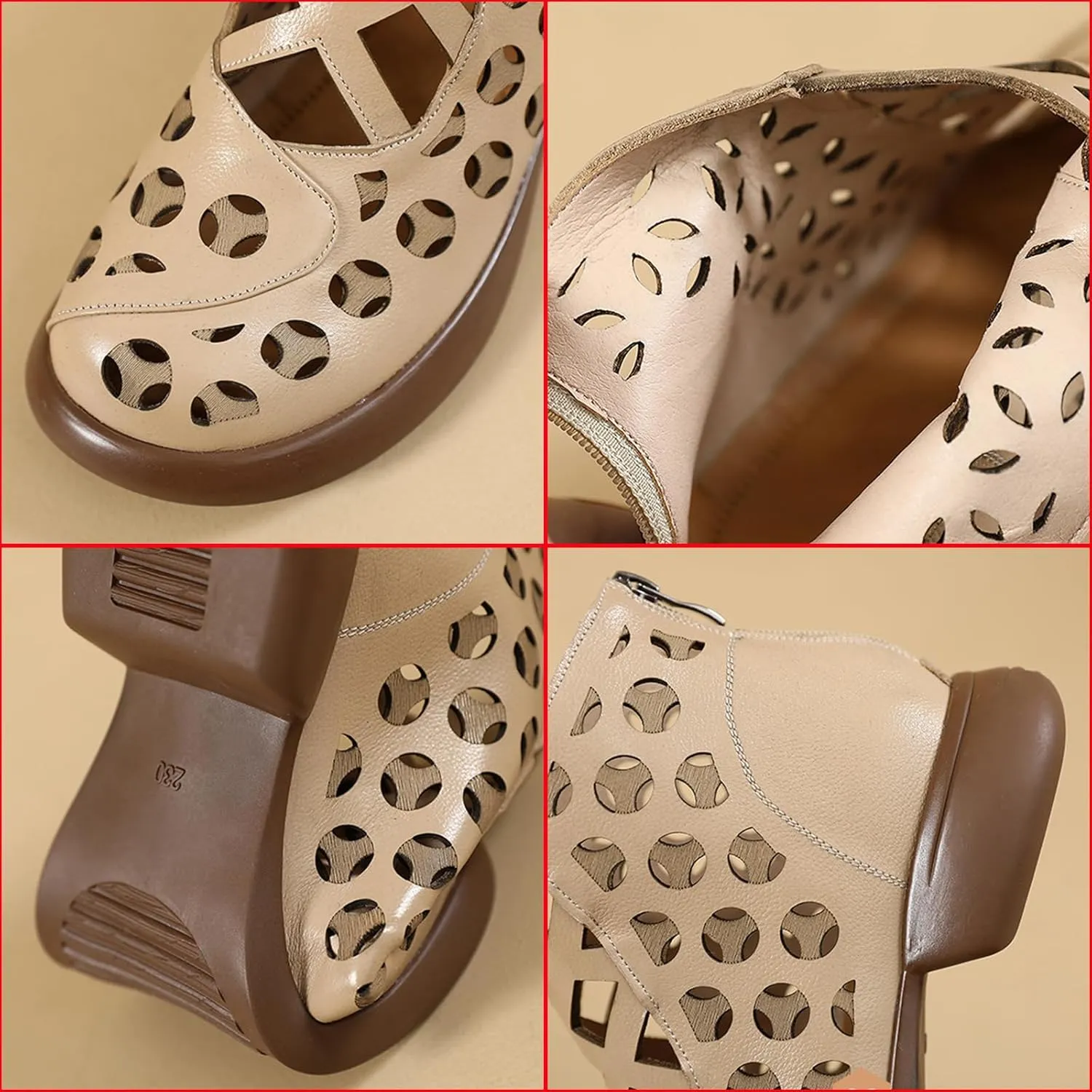 Women's Genuine Leather High Top Low Chunky Heeled Sandals Retro Simple Round Toe Back Zipper Soft Sole Hollow Ankle Boots Comfortable Breathable Casual Sandals