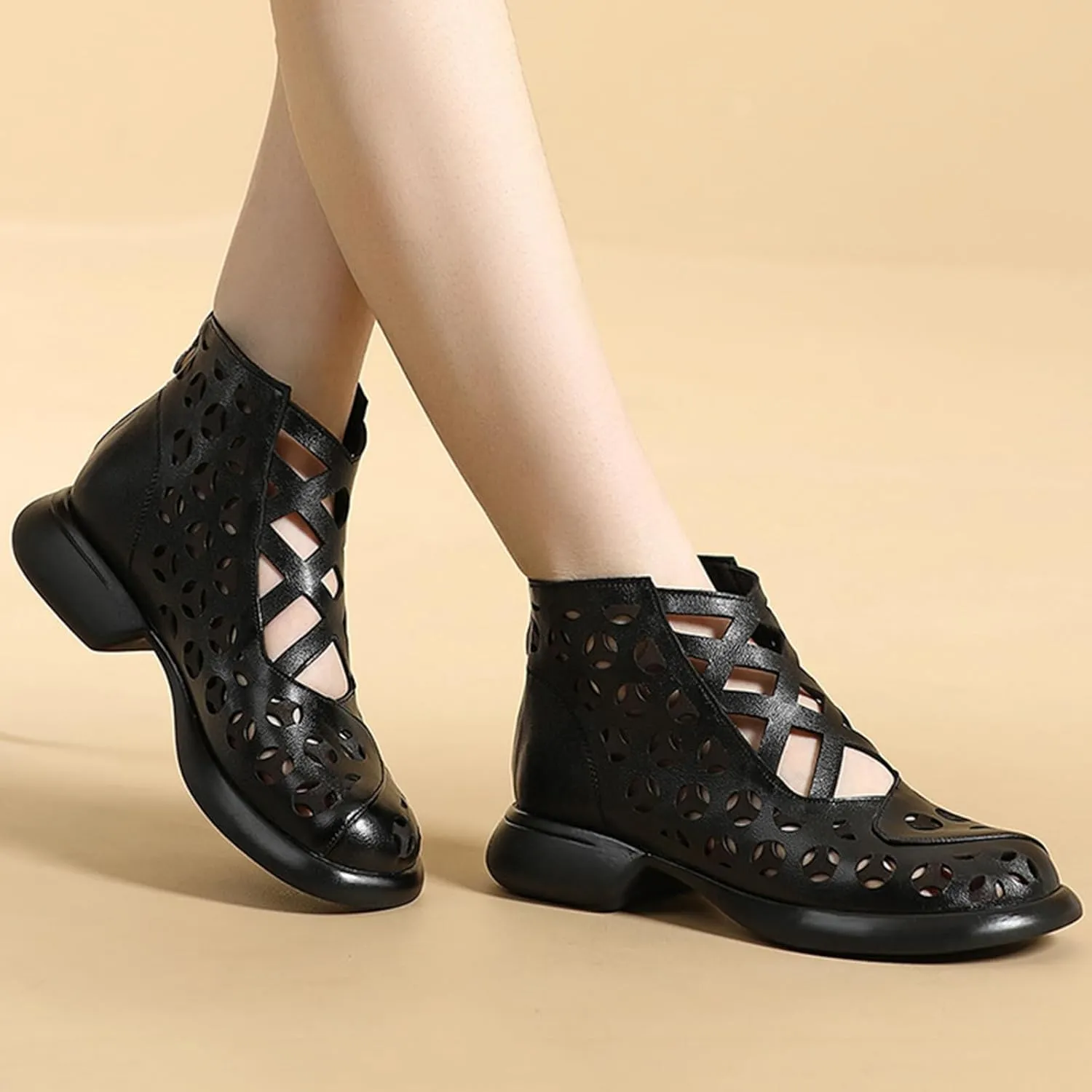 Women's Genuine Leather High Top Low Chunky Heeled Sandals Retro Simple Round Toe Back Zipper Soft Sole Hollow Ankle Boots Comfortable Breathable Casual Sandals