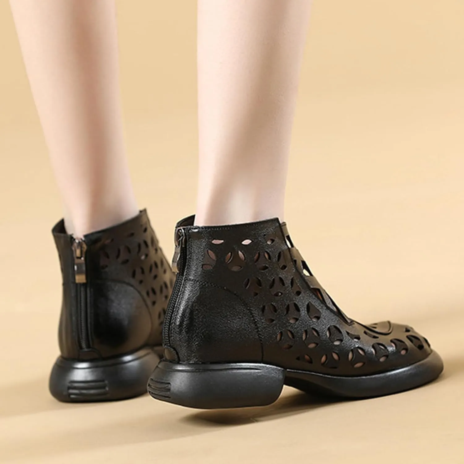 Women's Genuine Leather High Top Low Chunky Heeled Sandals Retro Simple Round Toe Back Zipper Soft Sole Hollow Ankle Boots Comfortable Breathable Casual Sandals