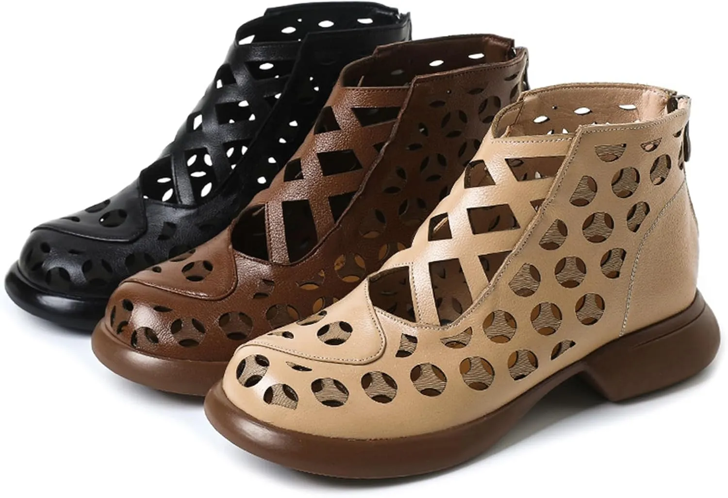 Women's Genuine Leather High Top Low Chunky Heeled Sandals Retro Simple Round Toe Back Zipper Soft Sole Hollow Ankle Boots Comfortable Breathable Casual Sandals