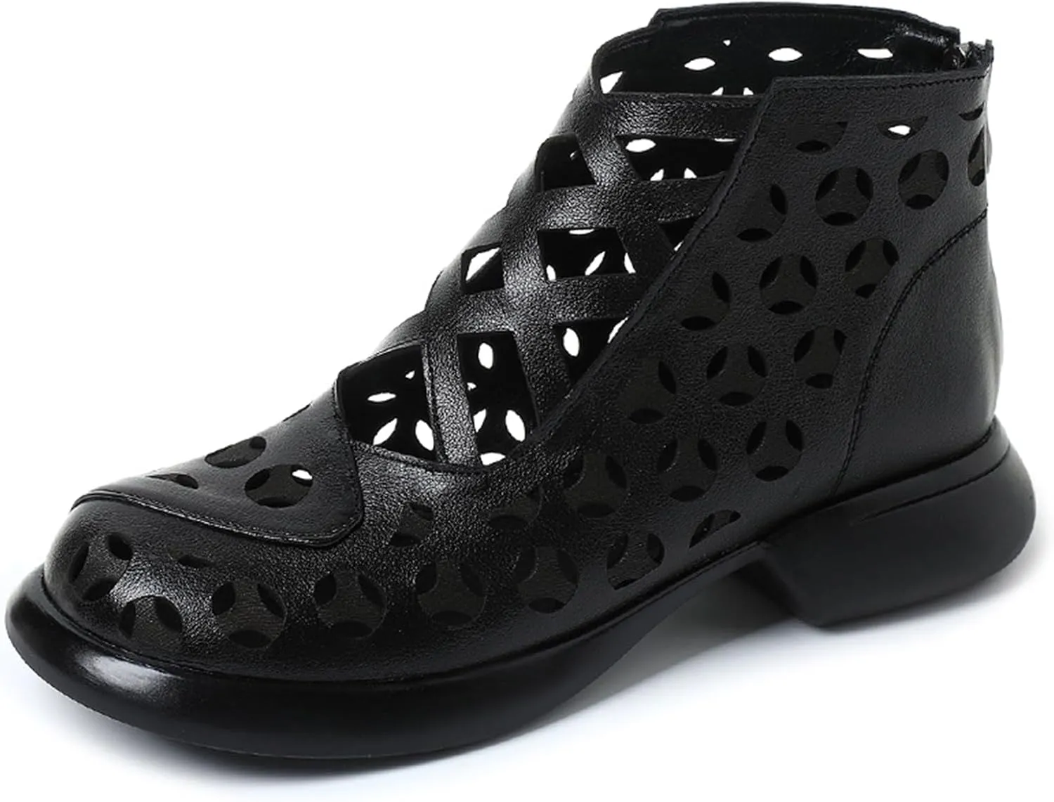 Women's Genuine Leather High Top Low Chunky Heeled Sandals Retro Simple Round Toe Back Zipper Soft Sole Hollow Ankle Boots Comfortable Breathable Casual Sandals