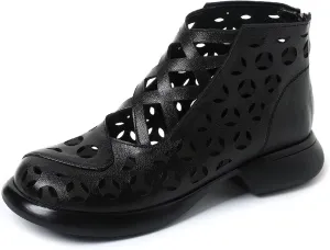 Women's Genuine Leather High Top Low Chunky Heeled Sandals Retro Simple Round Toe Back Zipper Soft Sole Hollow Ankle Boots Comfortable Breathable Casual Sandals