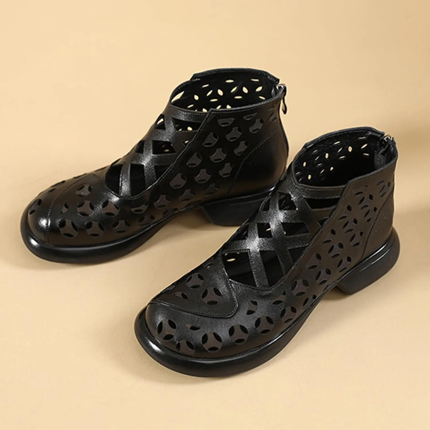 Women's Genuine Leather High Top Low Chunky Heeled Sandals Retro Simple Round Toe Back Zipper Soft Sole Hollow Ankle Boots Comfortable Breathable Casual Sandals