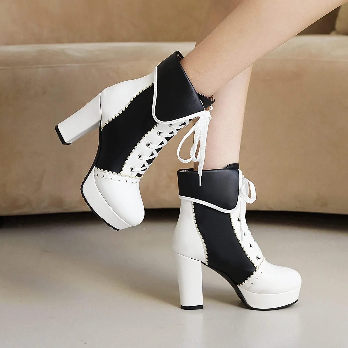 Women's Kawaii Chunky Lace up Booties, Cute High Heel Ankle Boots, Lolita Platform Heeled Combat Boots