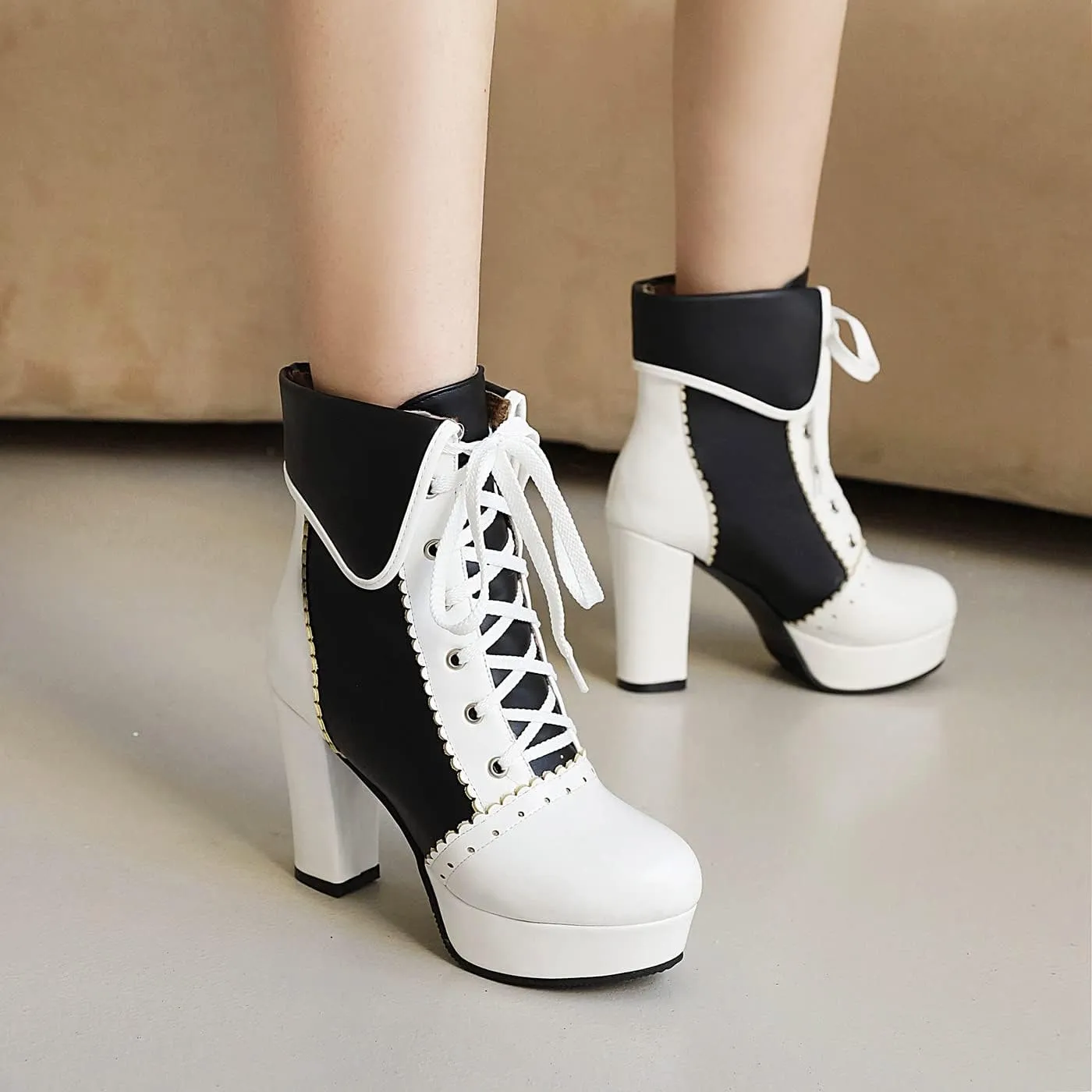Women's Kawaii Chunky Lace up Booties, Cute High Heel Ankle Boots, Lolita Platform Heeled Combat Boots