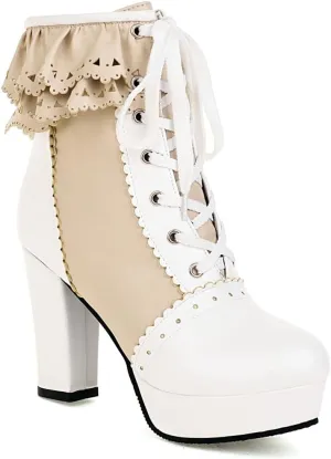 Women's Kawaii Chunky Lace up Booties, Cute High Heel Ankle Boots, Lolita Platform Heeled Combat Boots