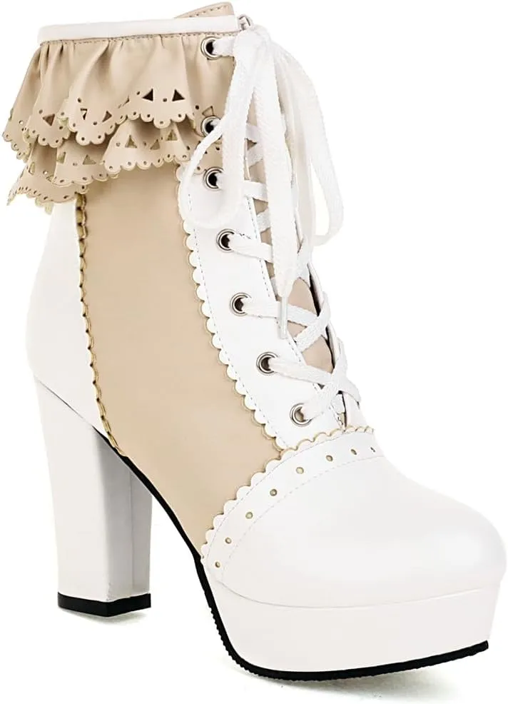 Women's Kawaii Chunky Lace up Booties, Cute High Heel Ankle Boots, Lolita Platform Heeled Combat Boots