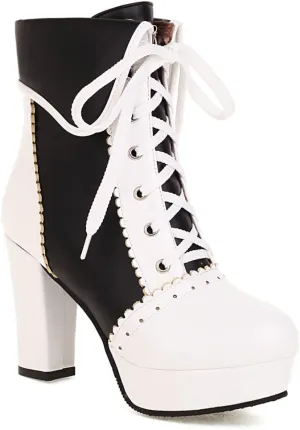 Women's Kawaii Chunky Lace up Booties, Cute High Heel Ankle Boots, Lolita Platform Heeled Combat Boots