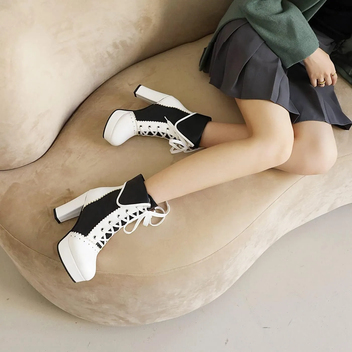 Women's Kawaii Chunky Lace up Booties, Cute High Heel Ankle Boots, Lolita Platform Heeled Combat Boots