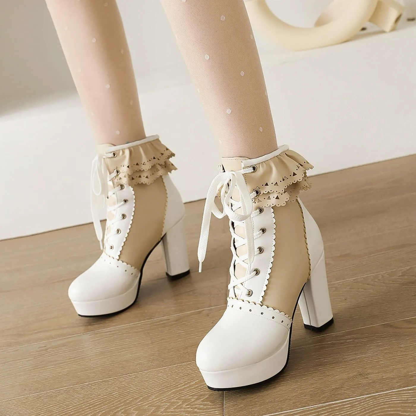 Women's Kawaii Chunky Lace up Booties, Cute High Heel Ankle Boots, Lolita Platform Heeled Combat Boots