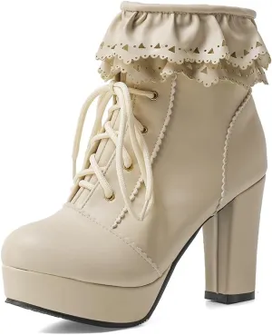 Women's Kawaii Cute Platform Boots, Lolita Dress Lace up Booties, Chunky Block Ankle Boots