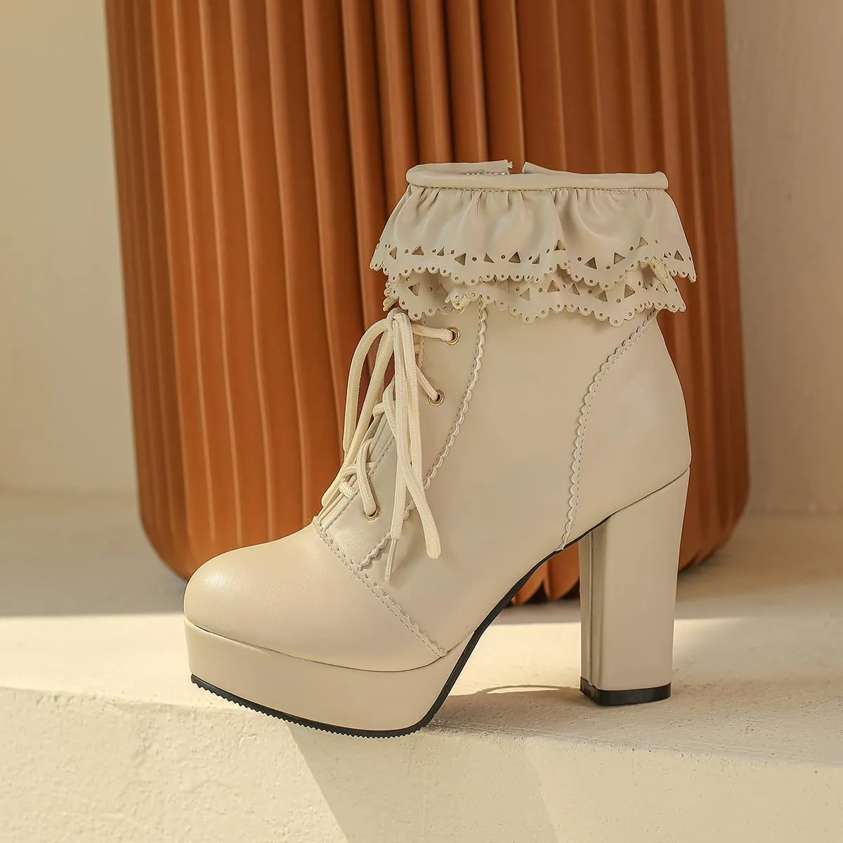 Women's Kawaii Cute Platform Boots, Lolita Dress Lace up Booties, Chunky Block Ankle Boots