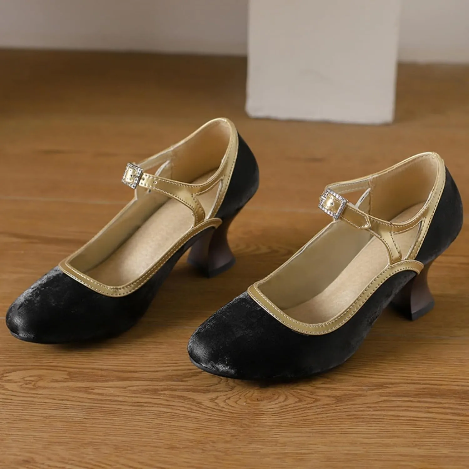 Women's Kitten Heels Mary Jane Pumps Round Closed Toe Ankle Strap Buckle Patchwork Classic Vintage Lolita Wedding Dress Shoes