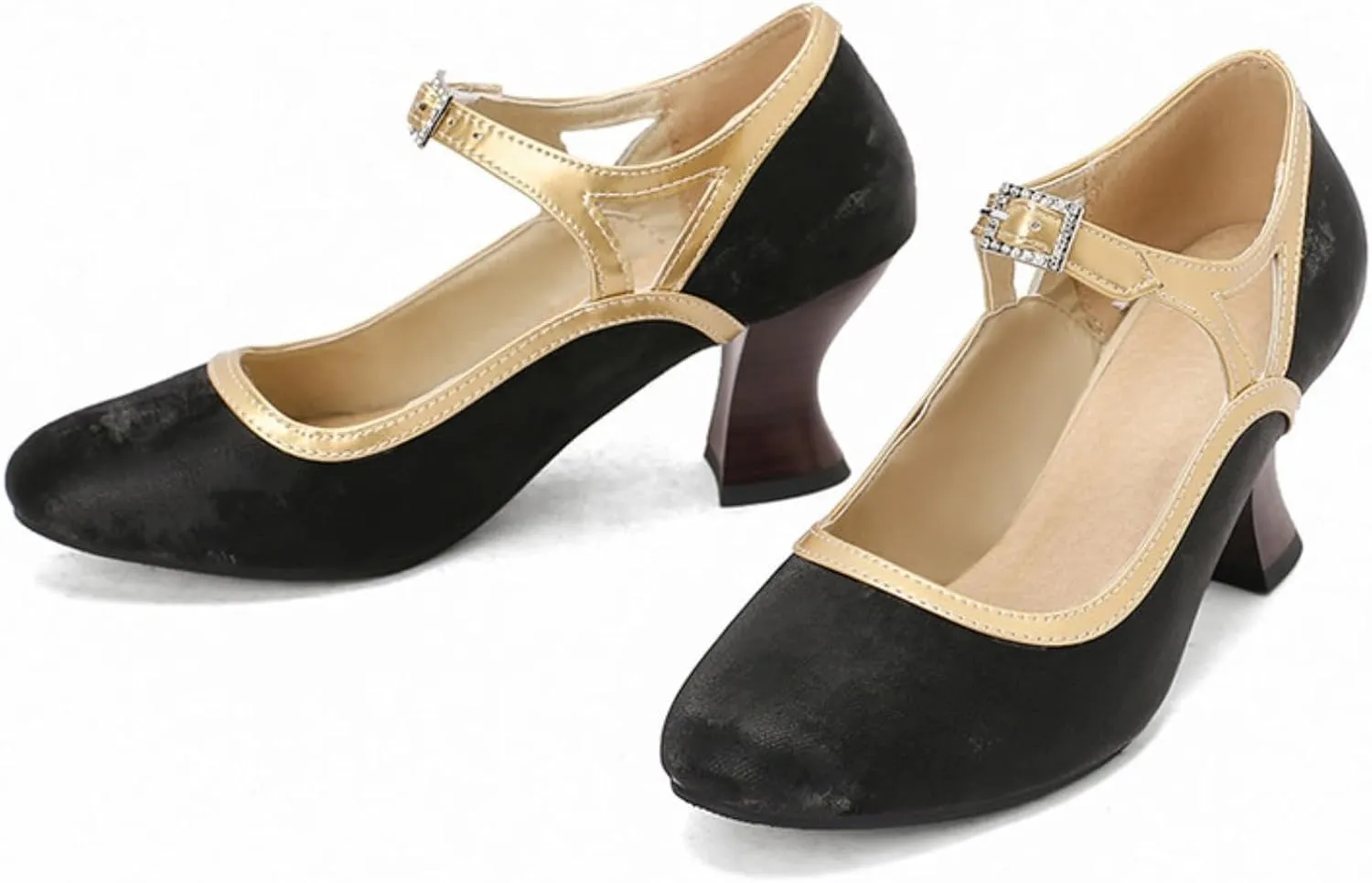 Women's Kitten Heels Mary Jane Pumps Round Closed Toe Ankle Strap Buckle Patchwork Classic Vintage Lolita Wedding Dress Shoes